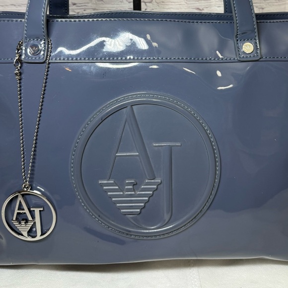 Armani Jeans Tote Blue Gray Patent Leather Large Shoulder Bag w/Bag Charm Silver - Picture 2 of 13